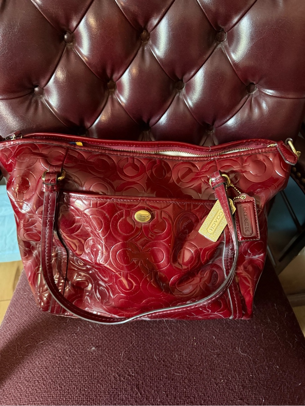 Coach Red Patent Leather Signature Tote Bag